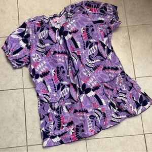 Koi Purple and Pink Patterned Scrub Top